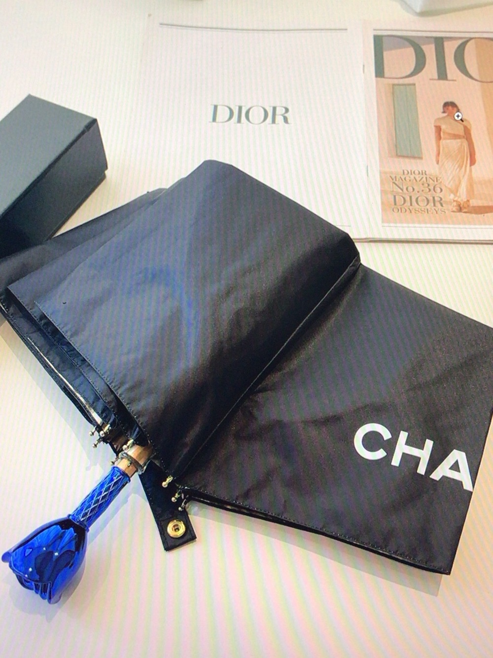 CHANEL Black Compact Umbrella with Blue Rose Handle